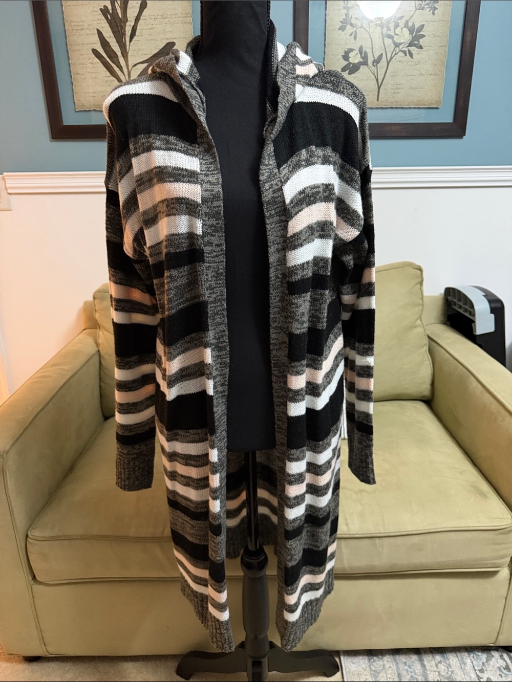 Striped Hooded Open-Front Cardigan Sweater - Black, Gray, Cream